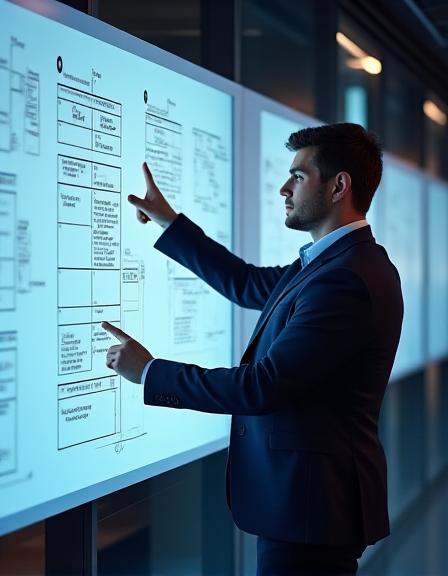 Consultant analyzing data strategy on a whiteboard