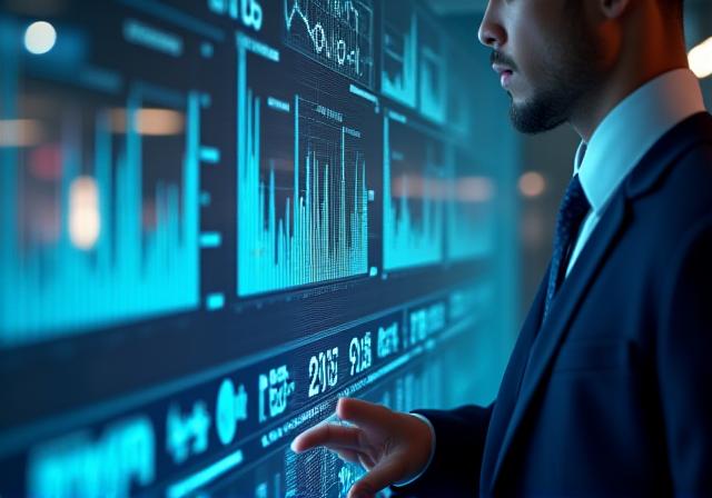 Data analyst reviewing complex sales forecasting charts on a high-tech interface